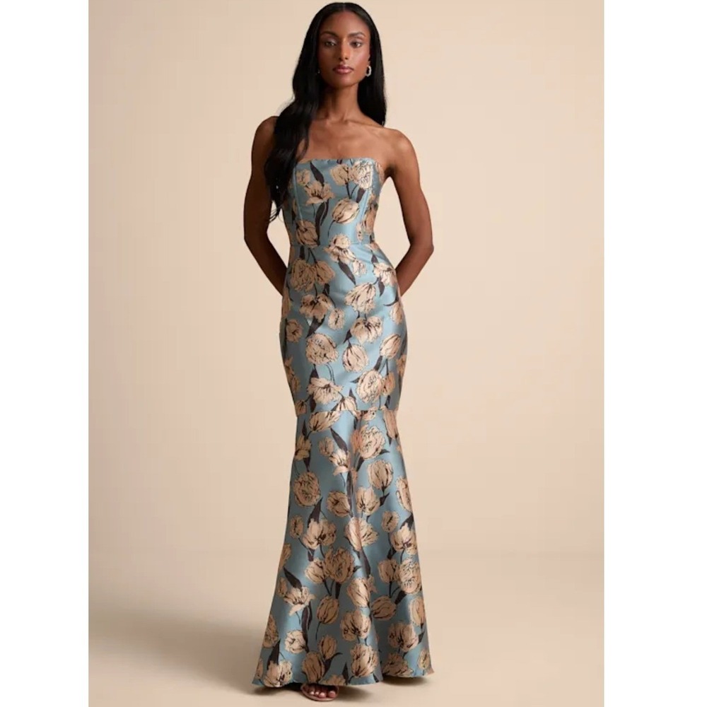Lulus Gowning Around Slate Blue Floral Jacquard Strapless Mermaid Maxi Dress S